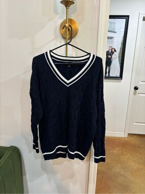 Banana Republic Navy V-Neck Cable Sweater with White Stripe